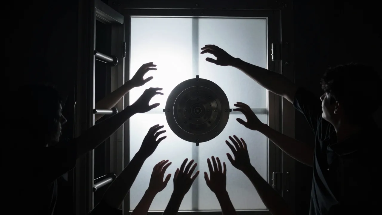 어둠 속 봉인된 기록 보관소 문을 향해 여러 손의 실루엣이 뻗어 있는 일러스트