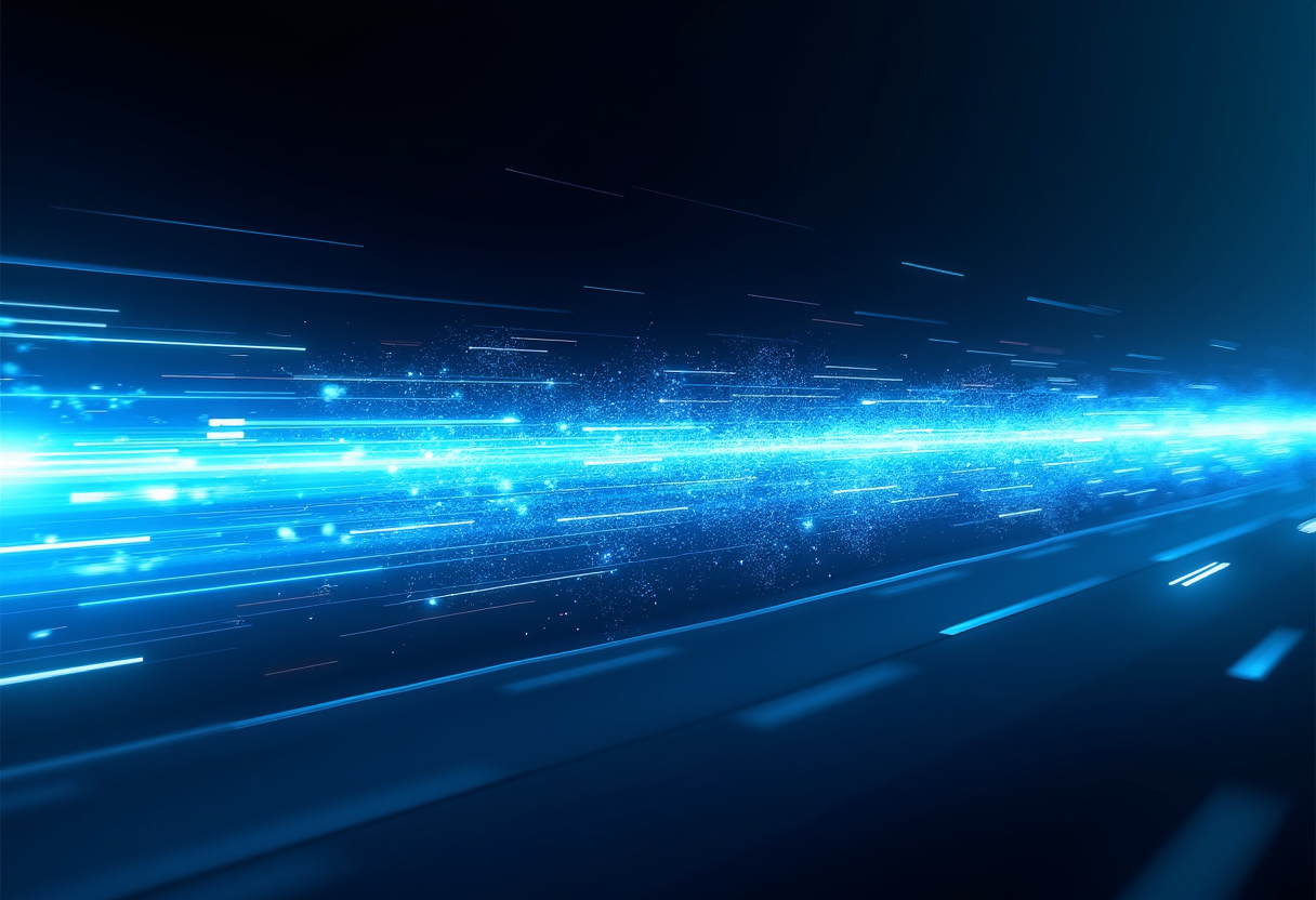 실시간 데이터가 빠르게 흐르는 스트림과 속도감을 표현한 개념 이미지