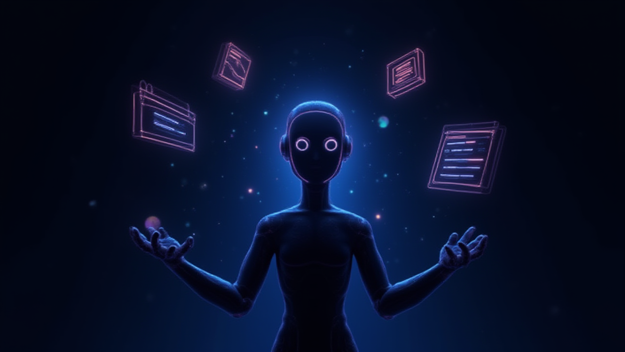 여러 작업 아이콘(캘린더·브라우저·코드·문서)을 다루는 AI 에이전트