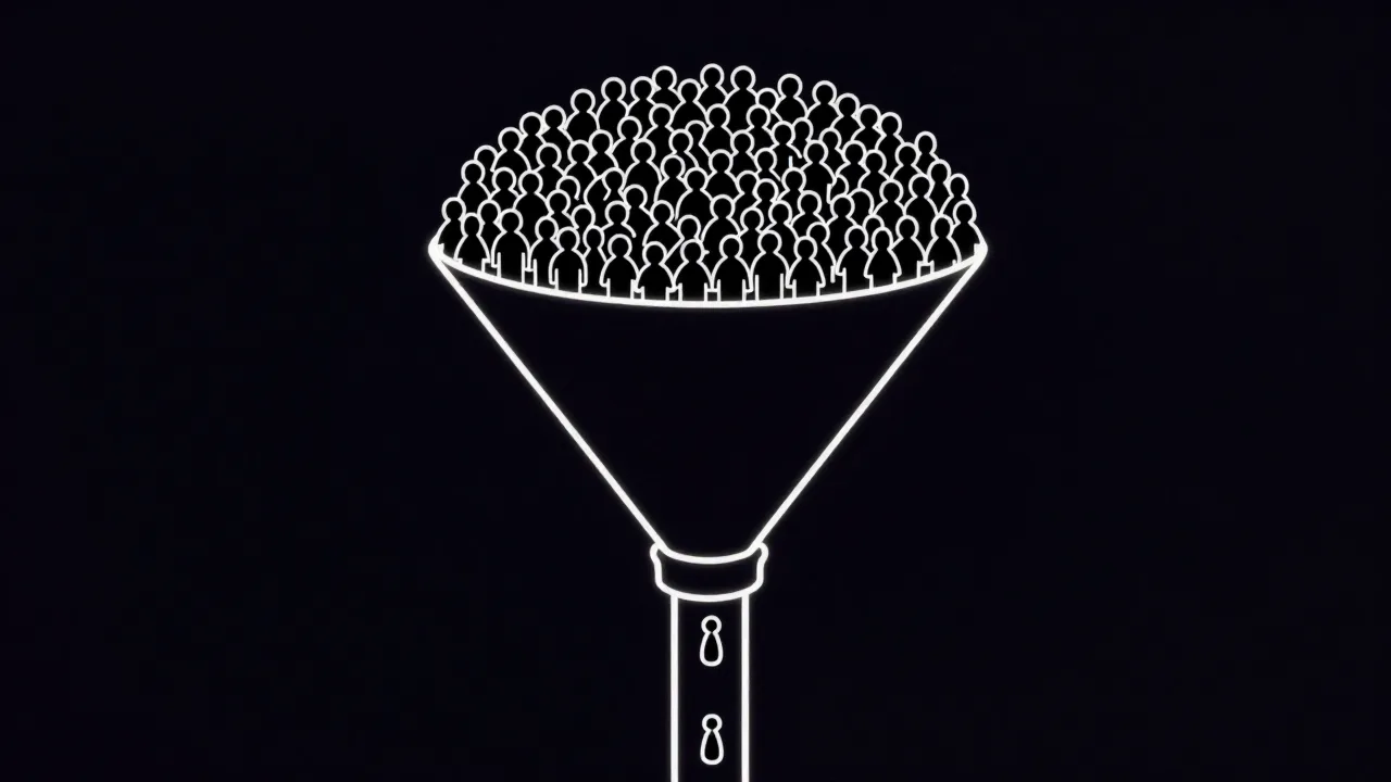위쪽 넓은 입구에는 작은 조각들이 빽빽하게 밀려 쌓여 있는데, 아래로 갈수록 급격히 좁아지는 목을 지나면서 몇 개만 겨우 빠져나온다. 전문가의 머릿속에 있는 지식은 방대하지만 인터뷰를 거쳐 규칙으로 옮겨지는 양은 극히 적다는 지식 획득 병목을 나타낸다.