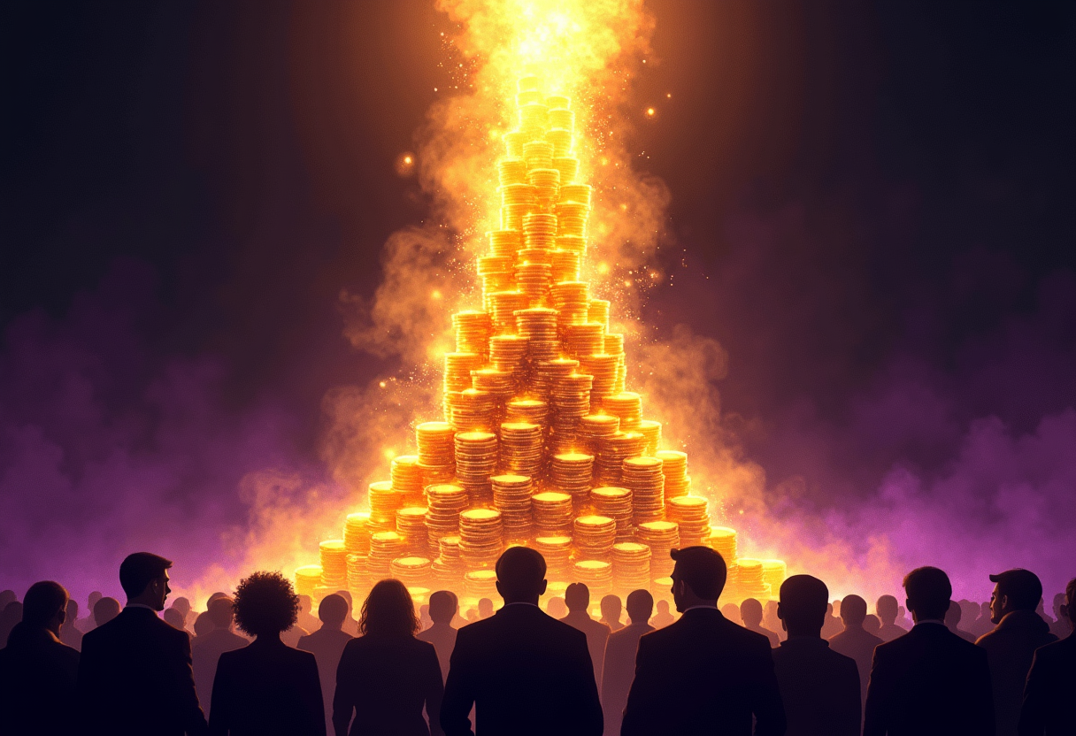 실루엣 군중 위로 밀려오는 거대한 동전과 빛의 파도로 선거에 쏟아지는 슈퍼팩 자금을 표현한 이미지