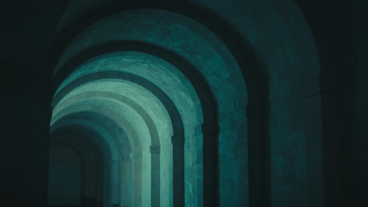 같은 모양의 어두운 아치가 반복되며 뒤로 갈수록 청록빛이 밝아지는 이미지 — 반복된 기각 요청을 표현