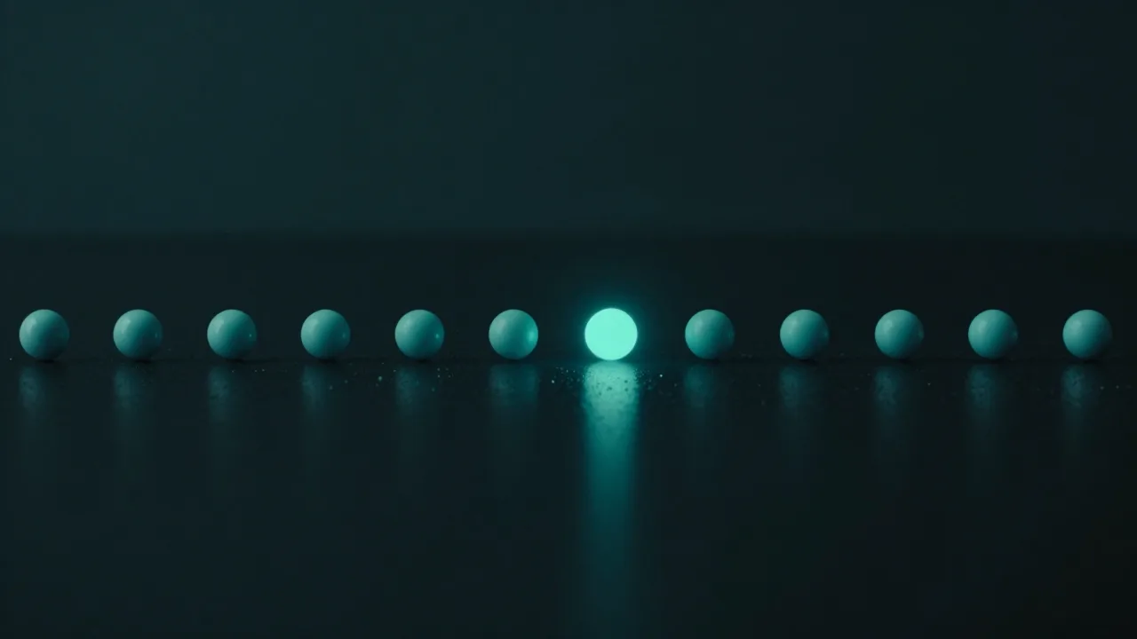 어두운 직선 위에 늘어선 흐릿한 청록 구체들 사이에서 하나만 유독 크고 밝게 빛나는 모습 — 열흘의 흐름 가운데 결정적 시점을 표현한 개념 이미지