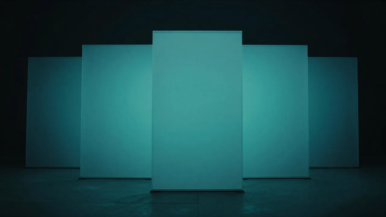 앞뒤로 겹쳐 선 여러 겹의 반투명 청록 차단막, 뒤로 갈수록 흐려지는 모습 — 겹겹이 쌓아 두는 최소한의 방어를 표현한 개념 이미지