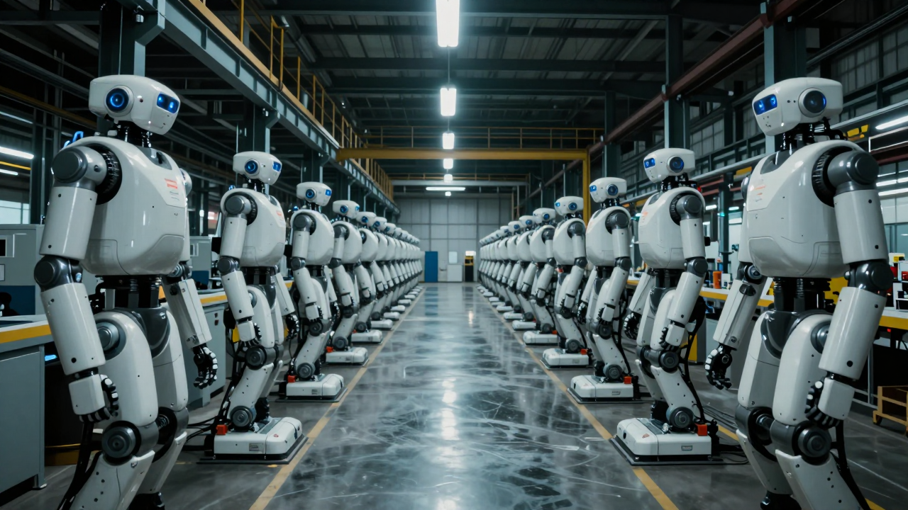 거대한 어두운 공장 홀에 동일한 흰색 휴머노이드 로봇들이 줄지어 정렬해 서 있고 천장에서 청록색 조명 빔이 내려온다.