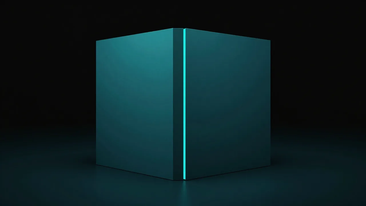 거대한 어두운 정육면체의 전체 길이를 따라 가느다란 청록 이음매가 하나 이어진 모습 — 아주 긴 문맥을 표현한 개념 이미지