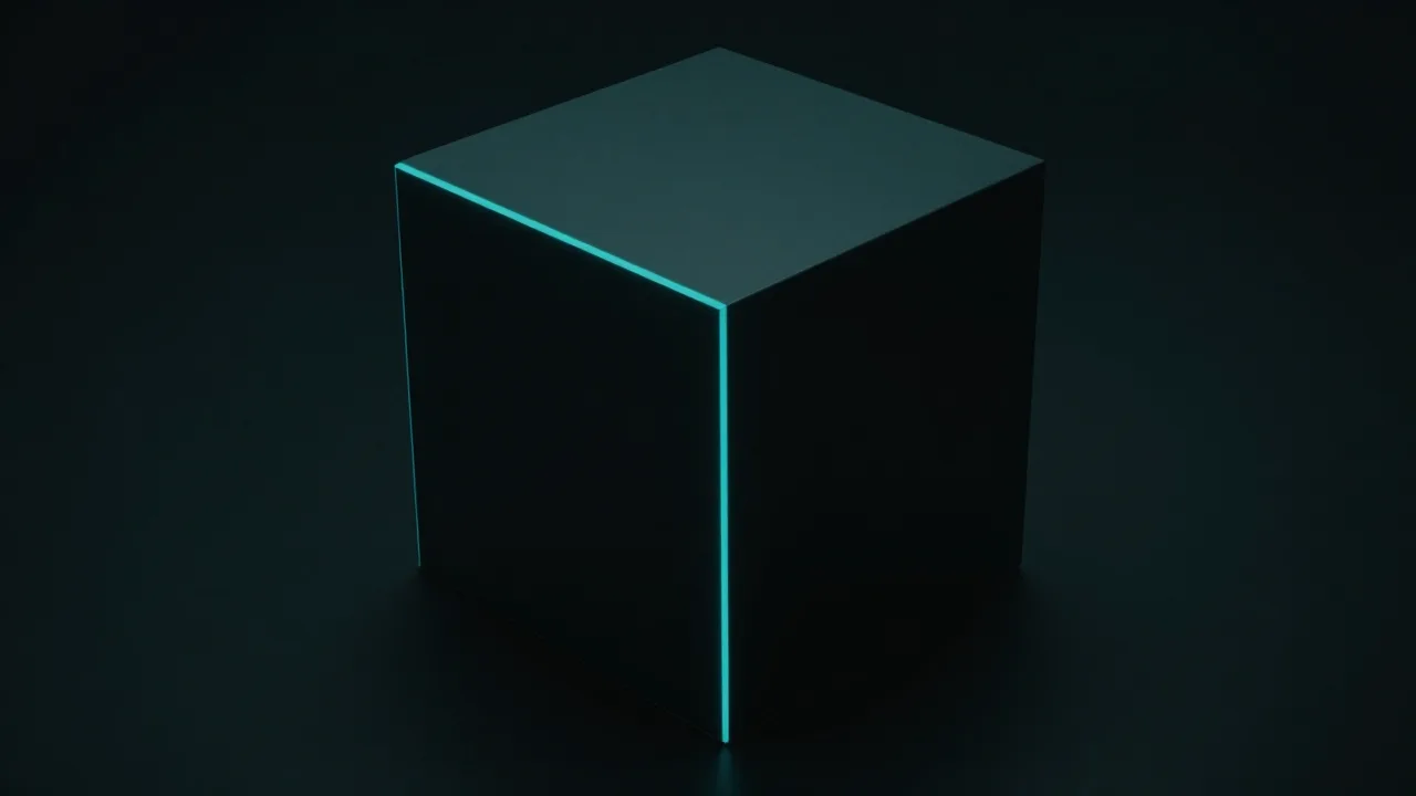 깊은 어둠 속 매끈한 어두운 정육면체의 모서리를 따라 아주 가는 청록 윤곽선만 남은 개념 이미지 — 추론 흔적을 서버에만 두는 해법을 표현