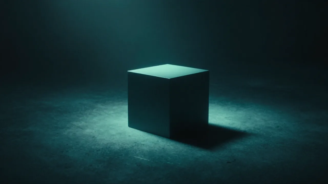 밝은 청록 빛줄기 바깥에 홀로 떨어져 있는 어두운 정육면체 — 배제를 표현한 개념 이미지