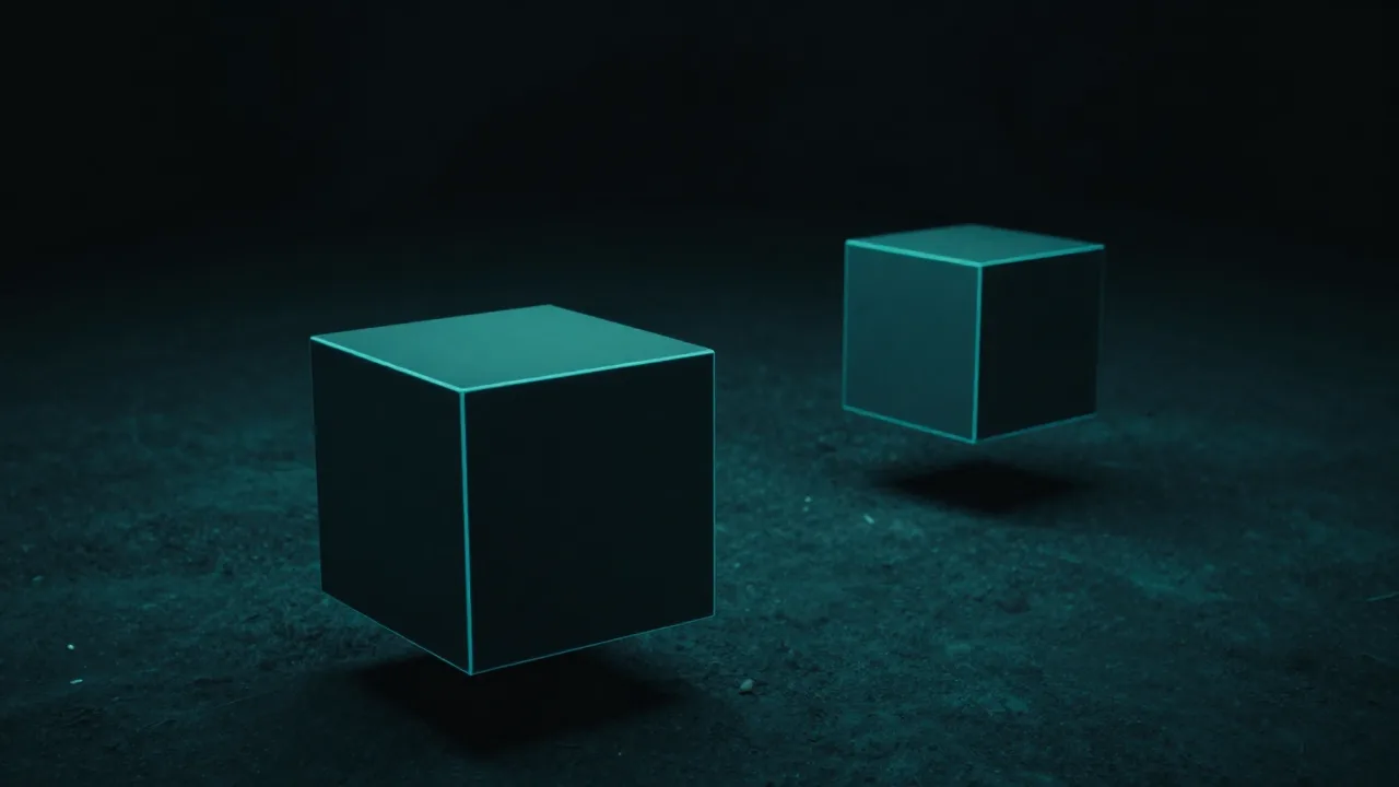 앞쪽의 큰 정육면체와 그 뒤 멀리 놓인 작은 정육면체가 각각 청록 모서리빛을 두른 개념 이미지 — 기존 공급사 옆에 자리를 잡은 두 번째 공급사를 표현