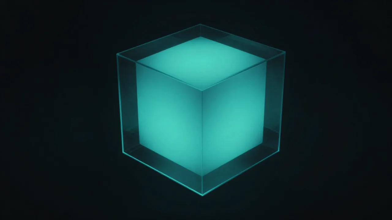 훨씬 큰 투명한 어두운 큐브 안에 완전히 갇힌 밝은 청록 큐브 — 인수로 회사가 다른 조직 안에 들어가는 상황을 표현