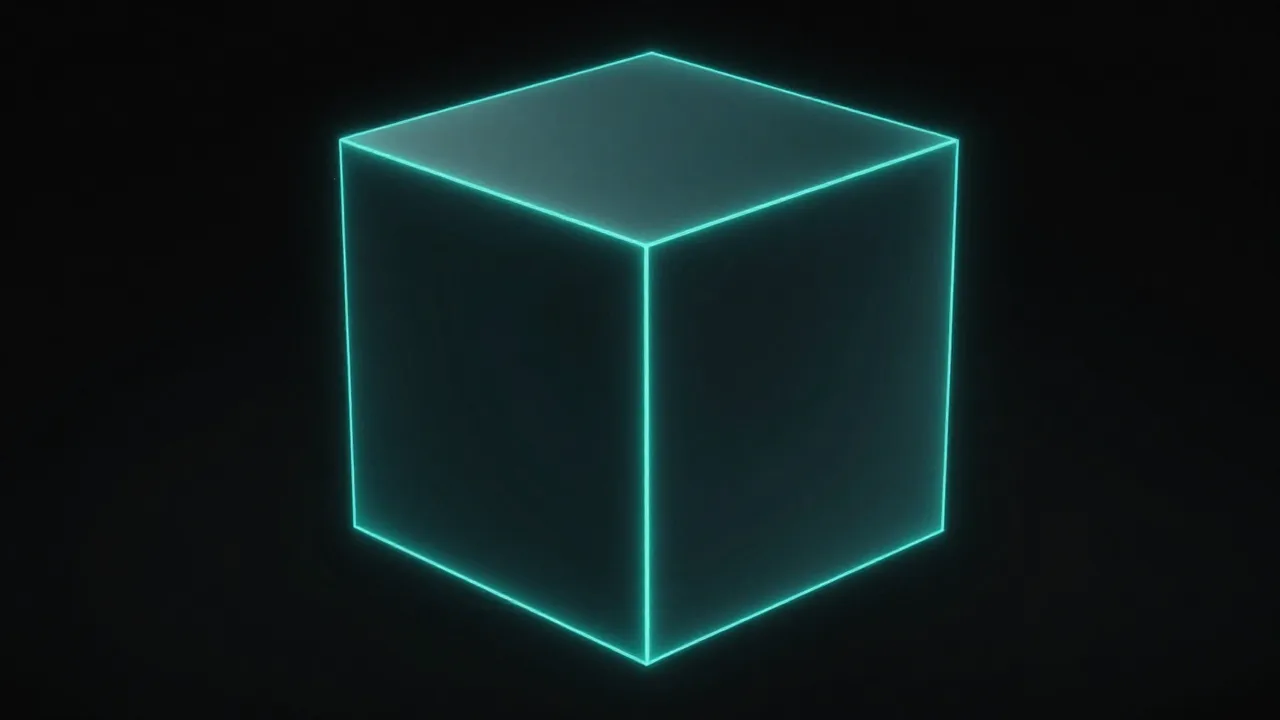 열두 모서리 전체가 청록으로 빛나는 아주 큰 어두운 큐브 — 수십 년째 자리를 지키는 메인프레임의 견고함을 표현