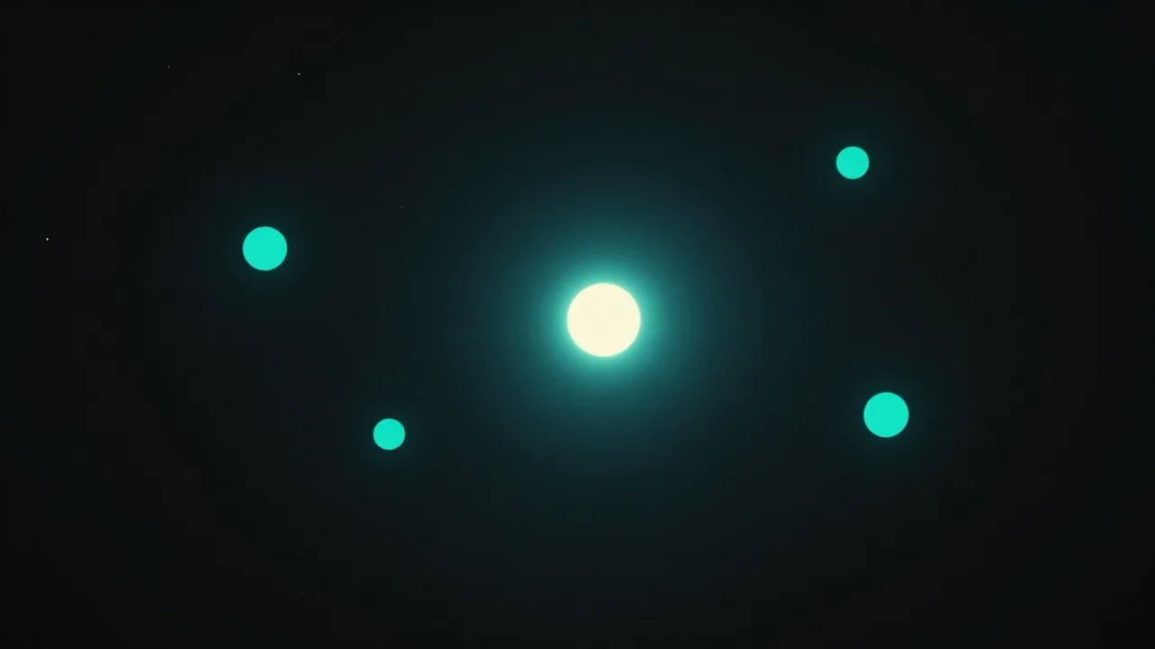 흐릿한 청록빛 점들 사이에서 하나만 환한 무리를 두르고 뚜렷하게 밝아진 모습 — 여러 후보 가운데 하나를 뽑아내는 샘플링을 뜻하는 개념 이미지