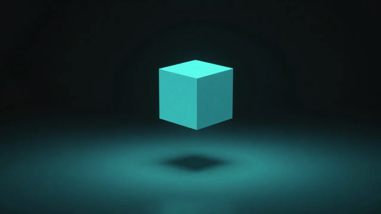 거대한 검은 공간 속에 밝은 청록 정육면체 하나가 홀로 떠 있는 개념 이미지 — 미국 최초라는 위치를 표현했습니다