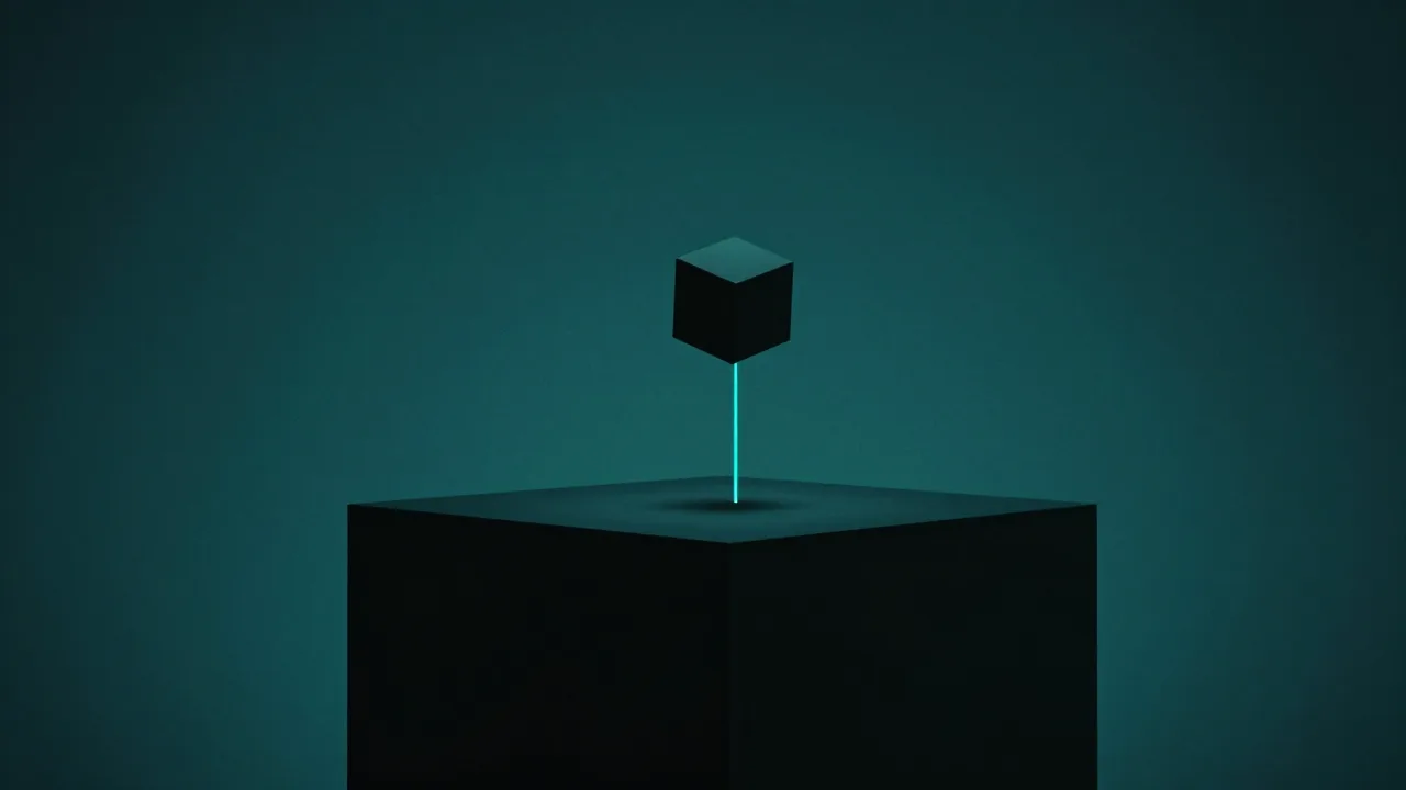 훨씬 커다란 어두운 덩어리에서 멀리 떨어져 홀로 떠 있는 큐브와 둘을 잇는 단 하나의 가느다란 청록 선 — 장부 밖에 놓인 별도 법인 구조를 표현한 개념 이미지
