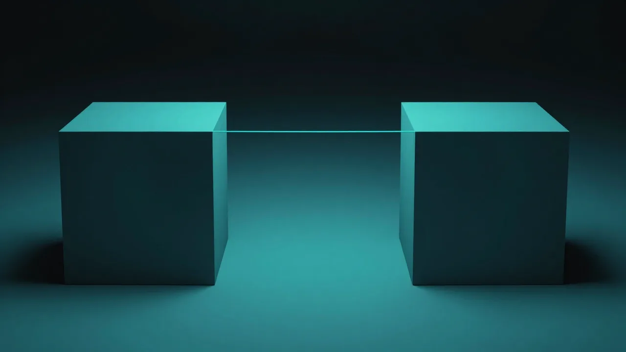 두 개의 커다란 어두운 블록이 오직 극도로 가느다란 청록 실 하나로만 연결되어 있는 모습 — 구조 전체를 지탱하는 연결 고리의 취약함을 표현한 개념 이미지