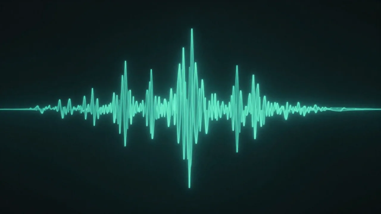 가운데가 크게 솟구쳤다 잦아드는 청록빛 파형 — 훈련이 멈춘 순간을 표현한 개념 이미지