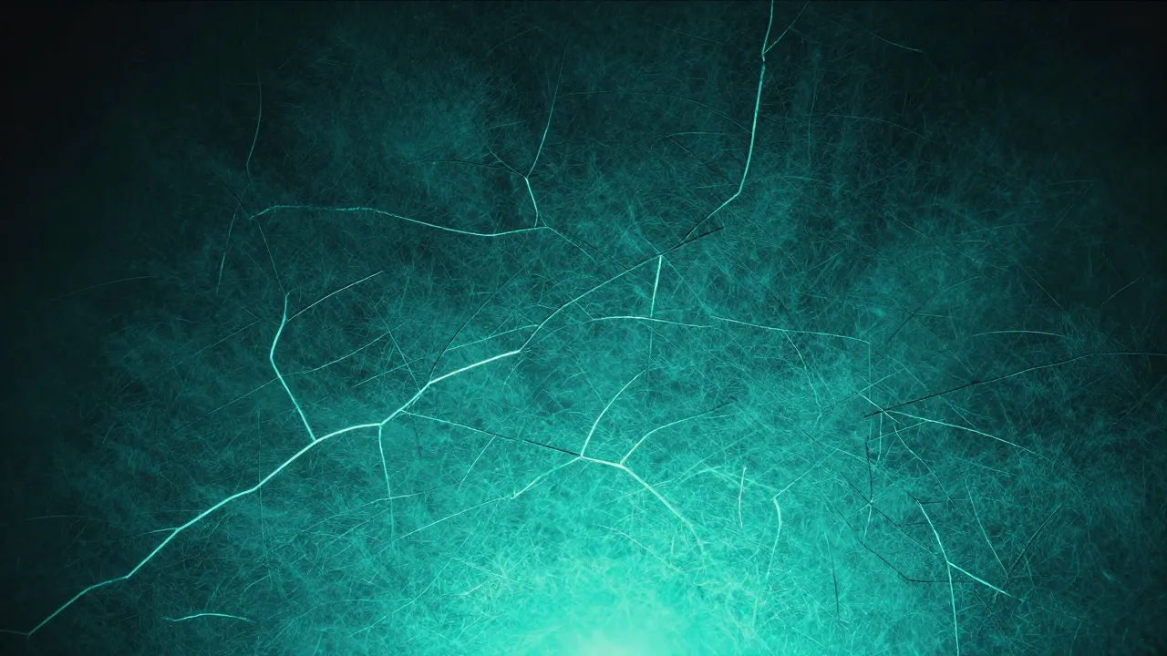 밝은 청록 입체의 표면을 뒤덮은 가느다란 실금들이 빛을 받는 모습 — 저자들이 스스로 달아 둔 여러 단서를 표현한 개념 이미지