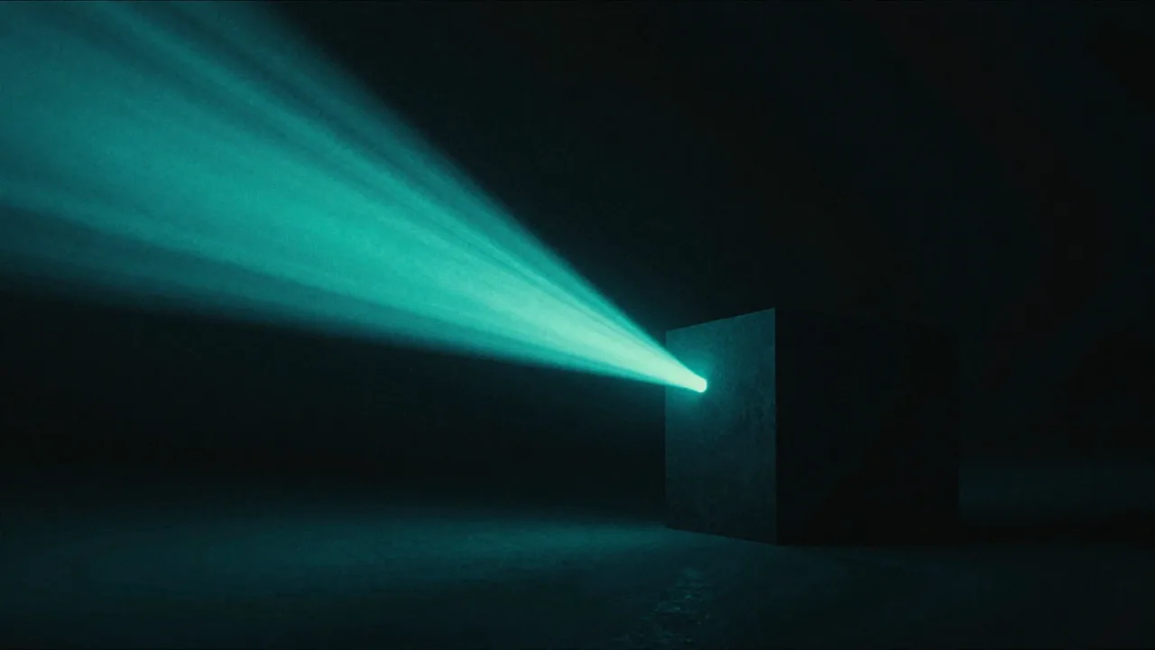 어두운 덩어리에 닿자마자 왔던 길로 되돌아 나오는 밝은 청록 광선 — 즉각적인 추론 응답을 표현한 개념 이미지