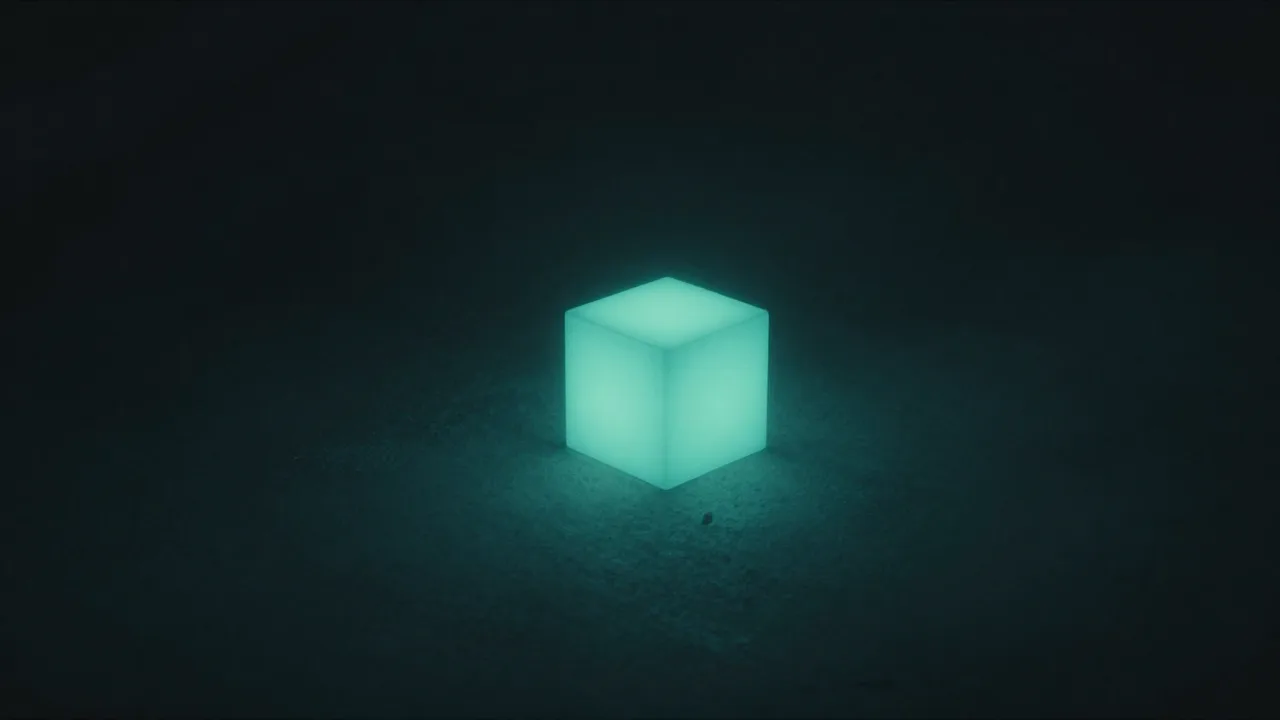 제 크기보다 훨씬 많은 빛을 내뿜는 아주 작은 청록 정육면체 — 낮은 전력의 높은 성능을 표현한 개념 이미지