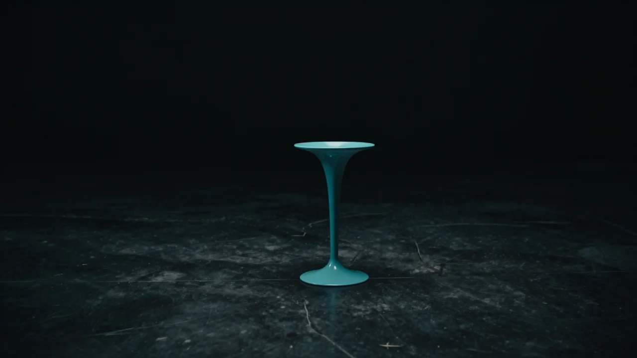 어둠 속에 청록빛 기둥 하나가 아무 지지 없이 홀로 곧게 서 있는 모습 — 도구 없이도 설 수 있는지 스스로 점검하는 것을 뜻하는 개념 이미지