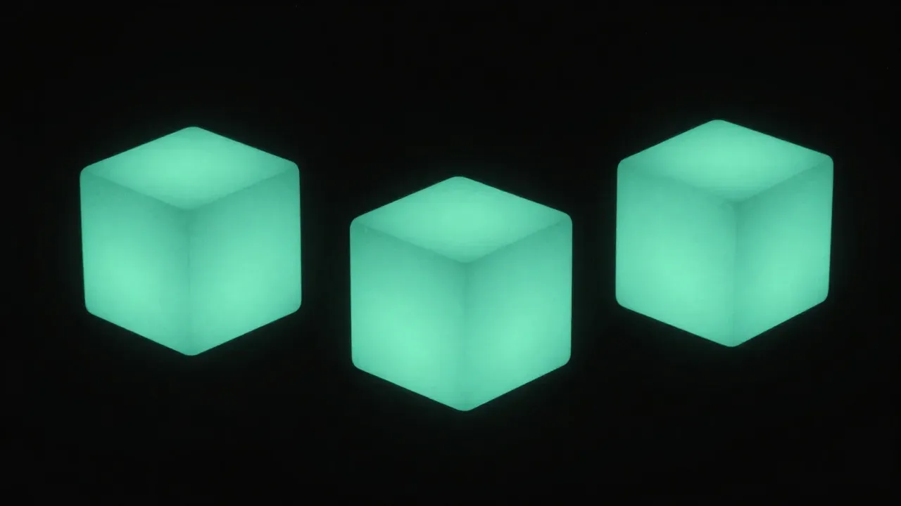 같은 크기의 청록빛 정육면체 셋이 떨어져 떠 있고 각각 밝기가 다르게 빛나는 개념 이미지