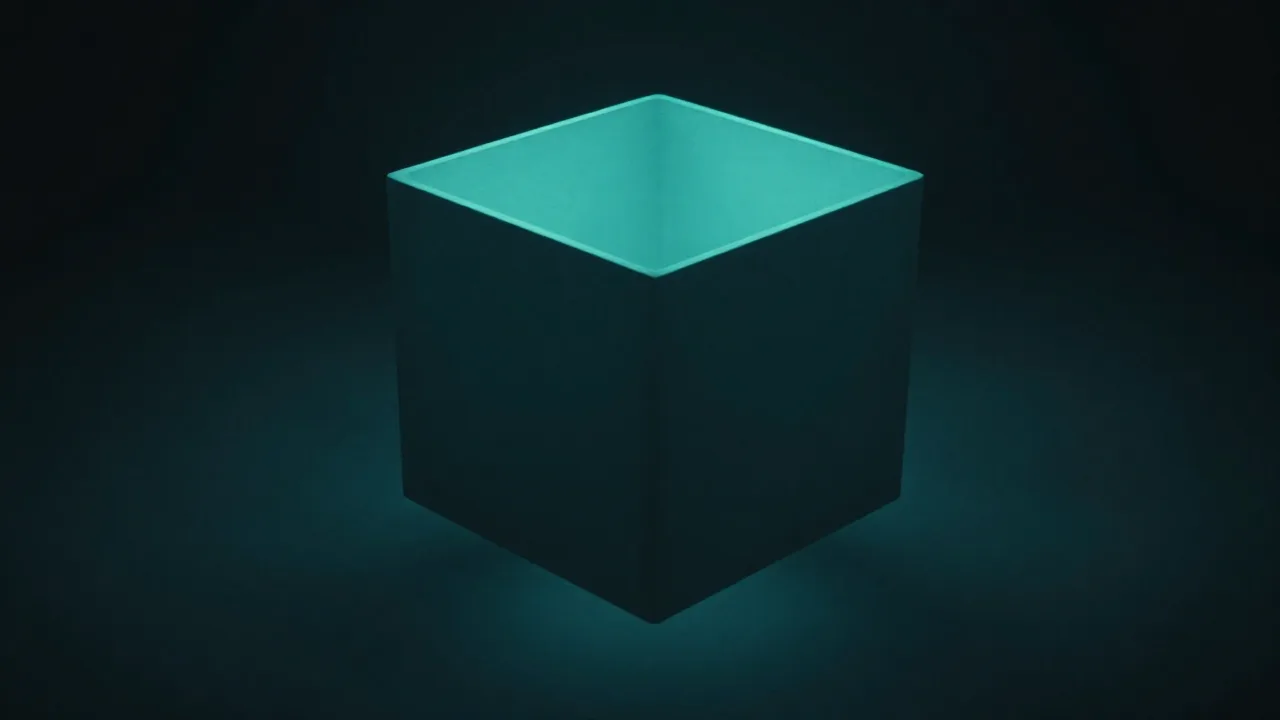 닫혀 있던 어두운 정육면체가 바깥으로 펼쳐지며 안쪽 면이 청록빛으로 드러나는 모습 — 감춰져 있던 작업 과정이 공개되는 구조를 표현한 개념 이미지