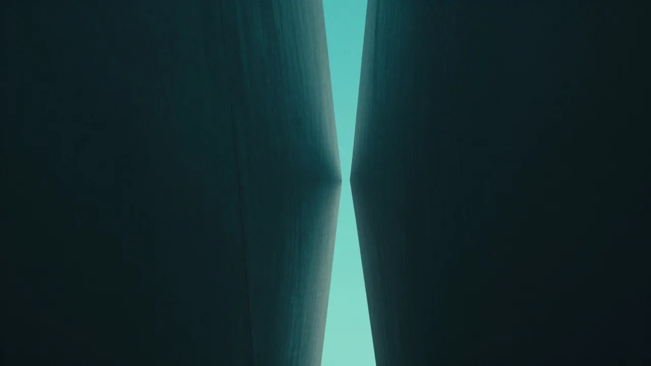 두 개의 매끈한 어두운 덩어리 사이에서 무수한 청록빛 점이 하나의 밝은 틈으로 모여드는 장면 — 합병용 자회사가 흡수되며 두 회사가 붙는 과정을 표현한 개념 이미지