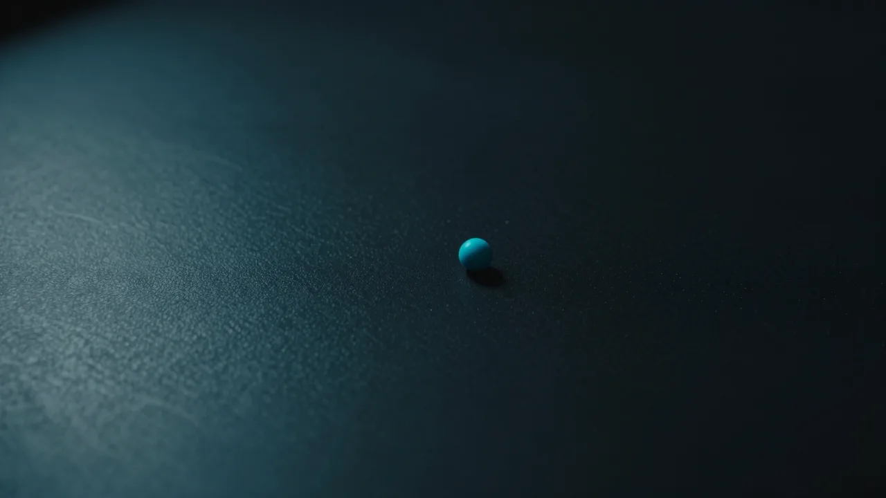 넓고 어두운 면의 구석에 조용히 놓인 작은 청록빛 점 — 트레이에 조용히 상주하는 상태를 표현한 개념 이미지