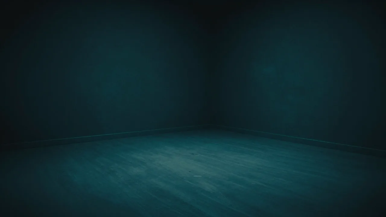 어두운 방의 먼 구석에서 청록빛 호가 바닥을 낮게 훑고 지나가는 개념 이미지