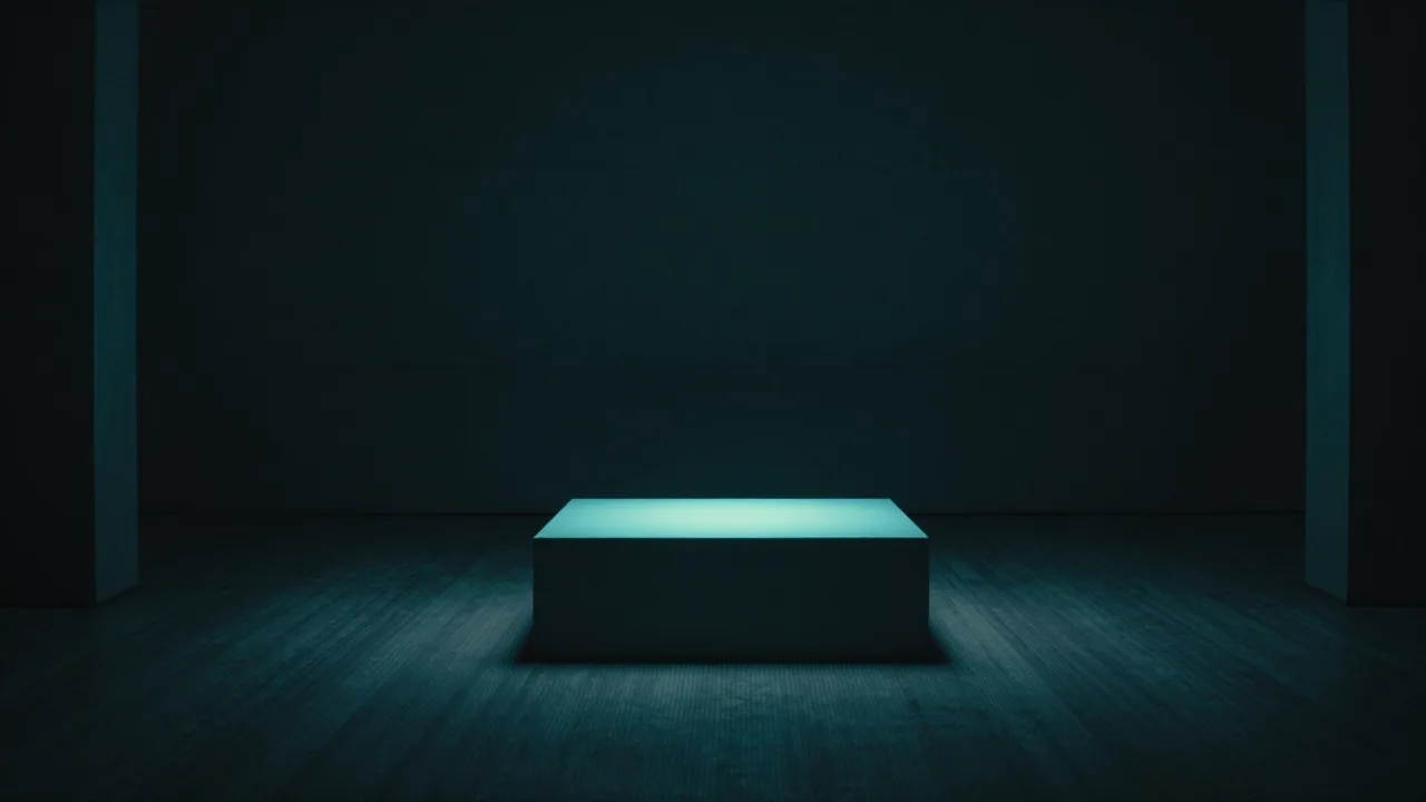 어두운 홀 한가운데 청록빛 받침대 하나가 조용히 놓인 개념 이미지. 모든 설정의 바탕이 되는 계정 정보를 나타낸다