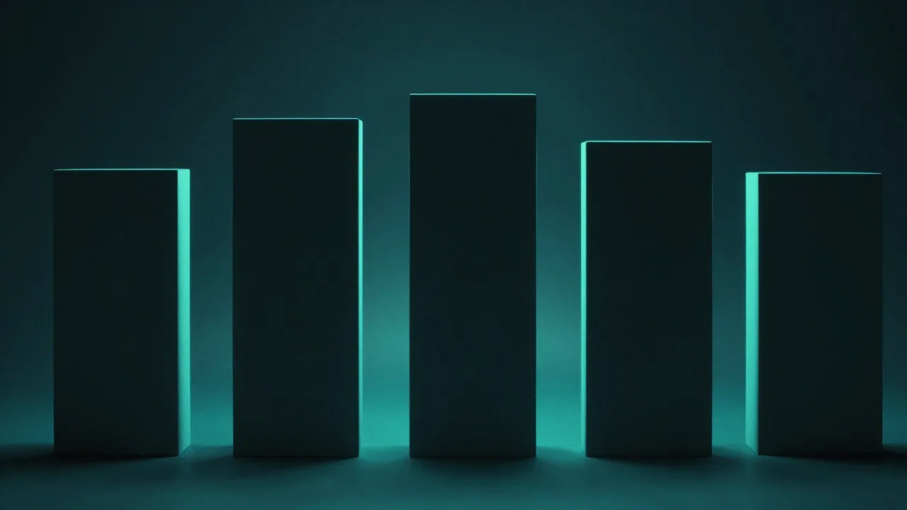 같은 높이로 나란히 선 어두운 판들, 가장자리마다 청록빛 — 일관된 구조의 카드 배열을 표현한 개념 이미지