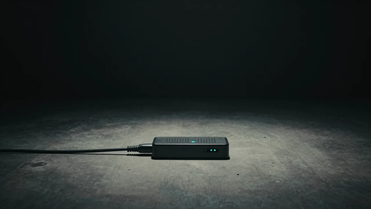 연결은 되어 있지만 표시등만 희미하게 켜진 채 멈춰 있는 어두운 장치 — 연결만으로는 아무 일도 일어나지 않음을 표현한 개념 이미지
