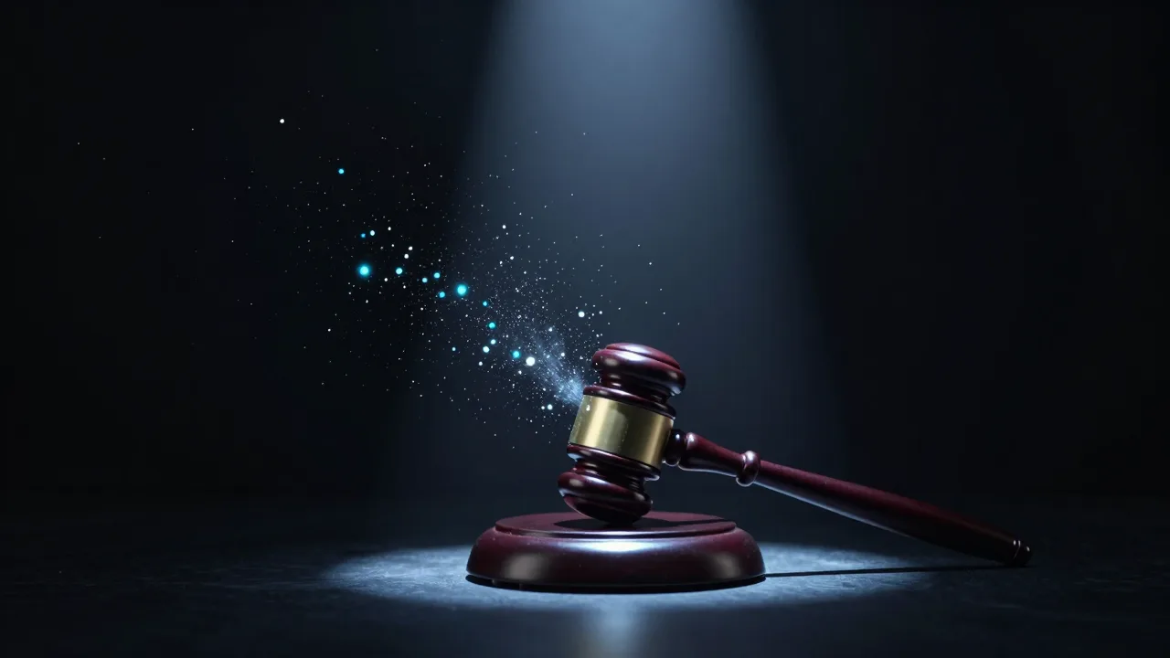 칠흑 같은 방에서 법봉이 내려치는 순간 빛나는 디지털 입자와 픽셀이 사방으로 흩어지는 개념 이미지