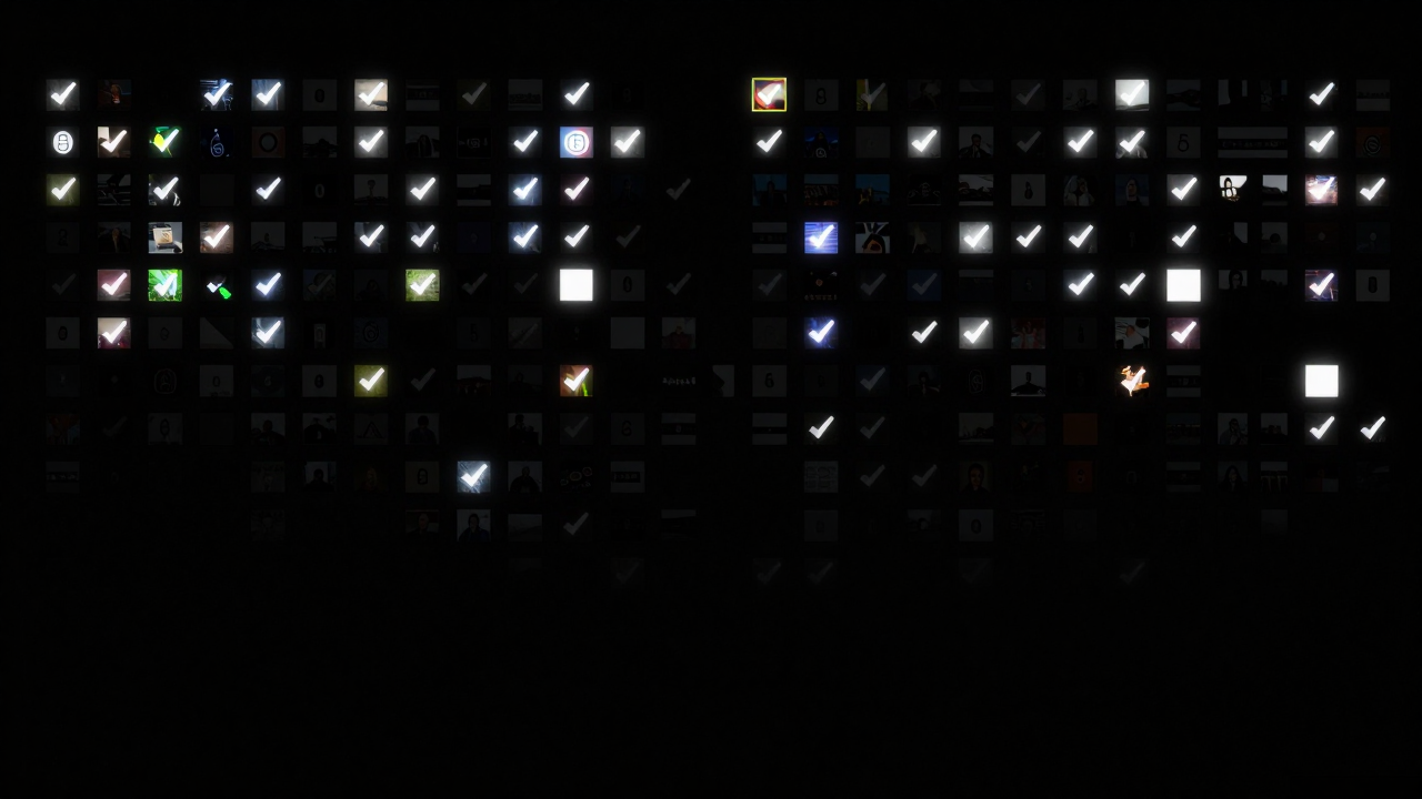 어둠 속에 떠 있는 수많은 작은 이미지 썸네일 중 극히 일부만 밝은 검증 표식을 달고 있고 나머지는 어둡게 남아 있는 개념 이미지