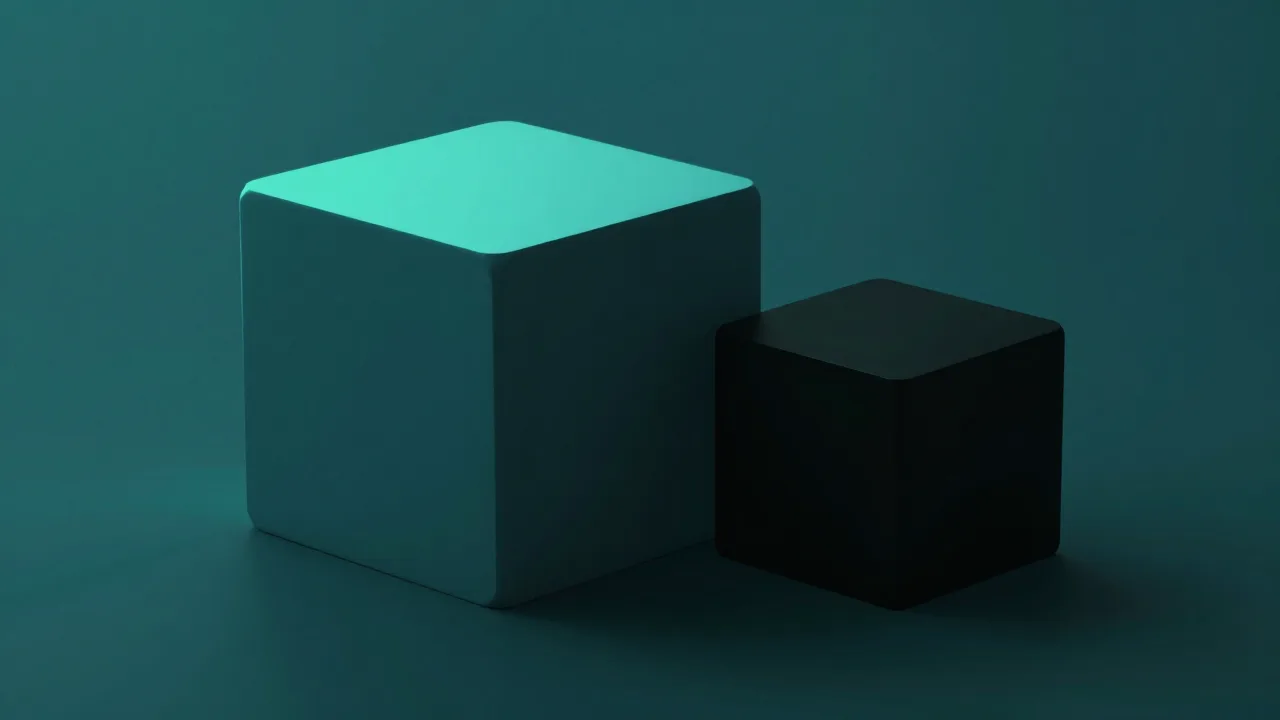 크기가 크게 차이 나는 두 개의 매끈한 정육면체가 나란히 서 있고 큰 쪽이 청록빛으로 빛나는 모습 — 글자 크기 조절을 표현한 개념 이미지