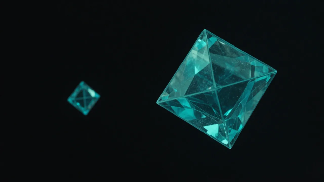 검은 공간에 멀찍이 떨어져 떠 있는 아주 작은 청록 사면체와 아주 커다란 청록 사면체 — 적재 무게의 차이를 표현