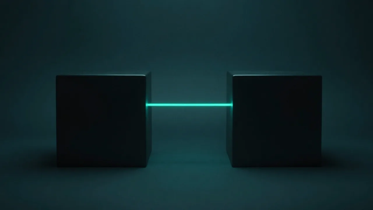 똑같은 어두운 정육면체 둘이 가는 청록 선 하나로 이어진 모습 — 외부 도구와 사내판의 닮은 구조를 표현한 개념 이미지