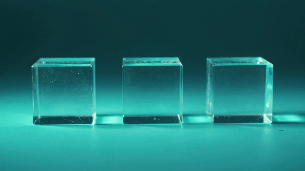 검은 바닥 위에 서로 맞물린 네 개의 청록빛 블록