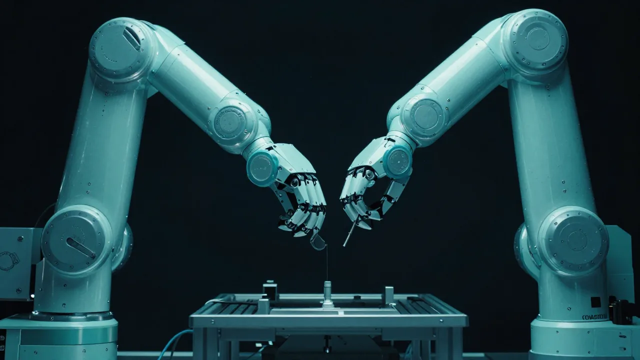 어두운 공장에서 청록빛 관절을 정밀하게 조립하는 휴머노이드 로봇 손