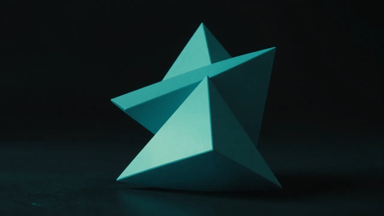 사면체 안에서 더 큰 사면체가 잇따라 솟아나는 청록 형상 — 재귀적 자기개선의 눈덩이 효과