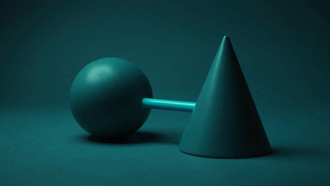크기가 다른 어두운 사면체 두 개를 짧은 청록 연결부가 잇는 모습 — 하네스와 모델을 조합한 구조