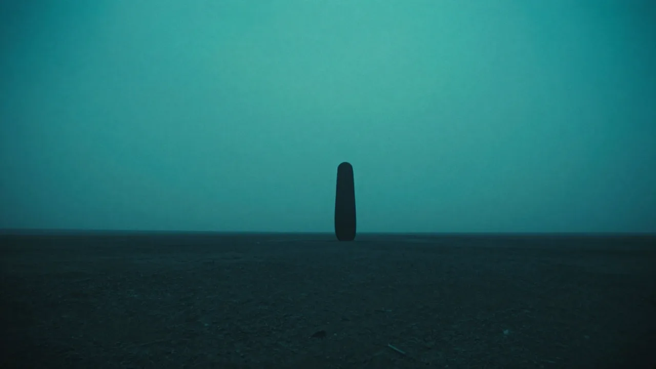 청록 안개가 깔린 평평하고 어두운 사막 바닥에 홀로 선 어두운 돌기둥 — 네바다에 자리한 신생 기업을 표현한 개념 이미지