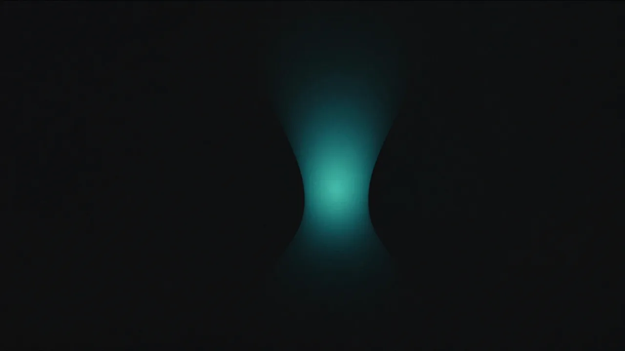 어두운 덩어리가 가운데로 갈수록 잘록해지고 그 가장 좁은 지점에 청록빛이 뭉친 모습 — 촉박한 입법 시간표를 표현한 개념 이미지