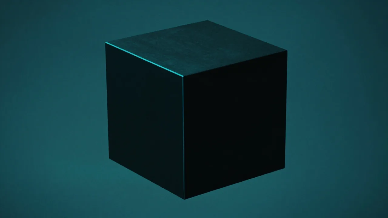 거대한 검은 큐브의 닫힌 이음새를 따라 가느다란 청록 빛이 새어 나오는 모습 — 앱 깊숙이 숨어 있던 자산을 표현한 개념 이미지