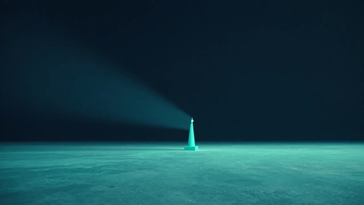 넓은 평면 위에 홀로 선 작은 청록색 기둥