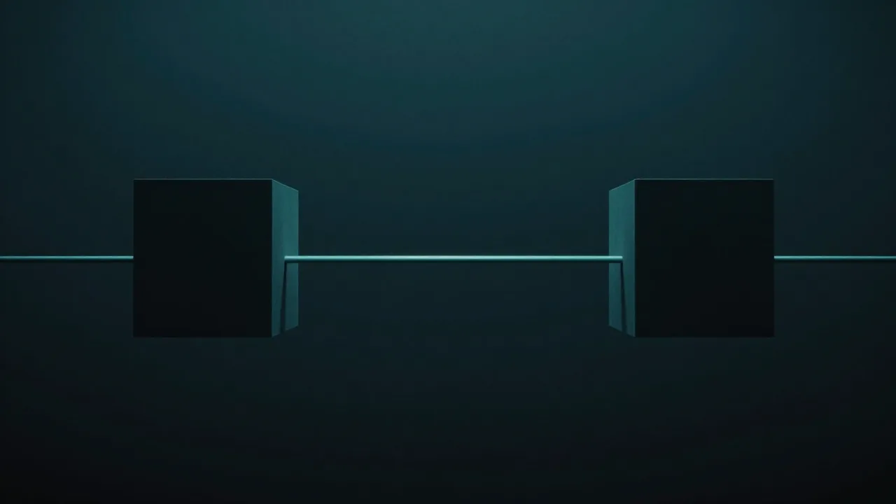 짙은 검정 공간에서 청록색 두 덩어리가 중간의 가느다란 빛줄기로 연결된 모습 — OpenAI와 Synopsys의 공동 개발을 표현한 개념 이미지